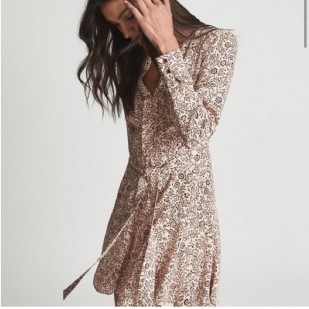 Reiss Long Sleeve paisley tie waist Dress - Cream and Brown
